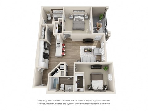 Floor plan for 2 beds, 2 baths, 1021 sqft